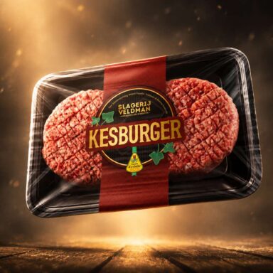 Kesburger Slagerij Veldman uit Joure | Ontwerp etiket en logo door Hieke.nl